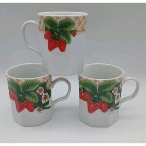 3 Vtg Andrea By Sadek Strawberry Basket Weave Octagonal Mugs Botanical Flowers